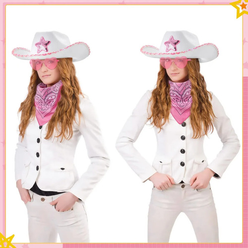 Sombrero Vaquero De Fiesta+lentes Forma De Corazon Y Pañuelo