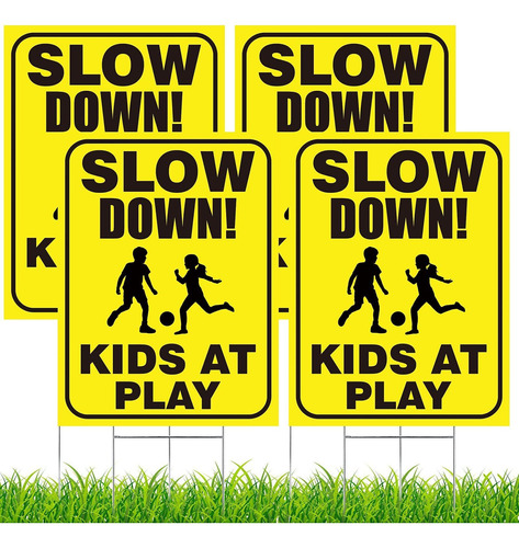 4 Letrero Seguridad Slow Down Kids At Play Estaca Metal 12 X