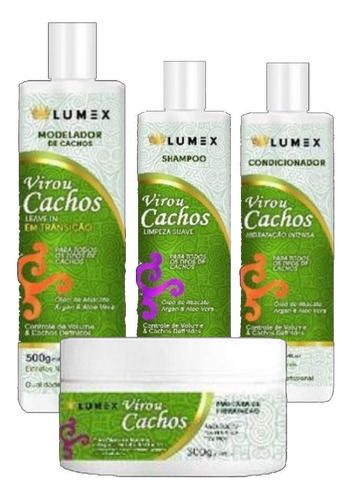 Kit Shampoo + Condi + Máscara + Modelador Virou Cachos Lumex