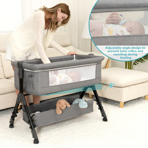 Baby Bassinet Bedside Sleeper 3-in-1 W/ Wheels & Storage Gre