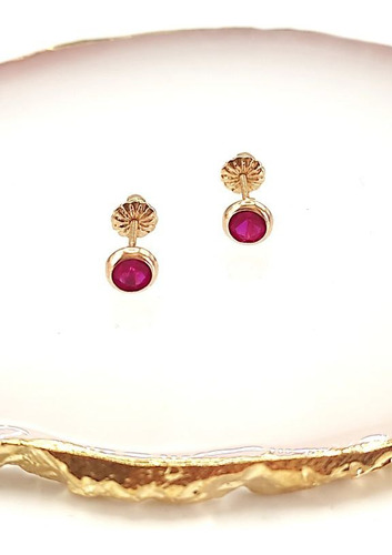 Aros Apegados De Oro 18 K Flor Puntos De Luz Fucsia