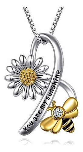 Collar Plata Fina 925 Girasol & Abeja Infinito Baño Oro