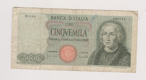 Billete Italia 5000 Liras Año 1971 Bueno -