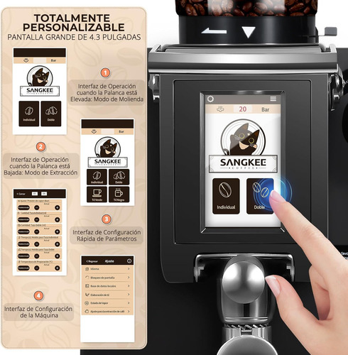 SANGKEE Cafetera Espresso Comercial, con molinillo integrado y espumador de leche, Doble Caldera, control PID+NTC, Rey de la relación calidad-precio comercial, Ideal Para Cafeterías Y Uso Negocios