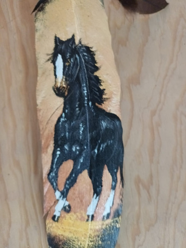 Pluma De Ganzo Y Un Caballo Pintado A Mano Con Pintura Oleo