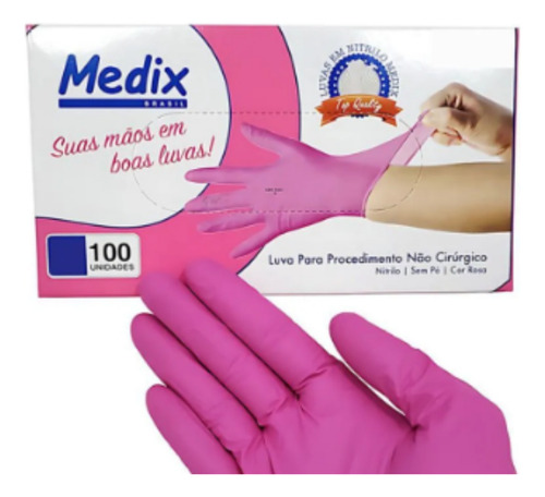 Kit 100 Luva Rosa Nitrílica Sem Pó Ambidestra Descartavel