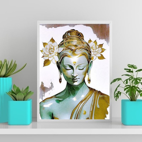 Quadro Buda Branco Com Dourado 24x18cm - Com Vidro Branca