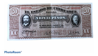 ONE 1915 Mexico 20 Pesos EL ESTADO DE CHIHUAHUA Issue  SERIE K UNCIRCULATED 