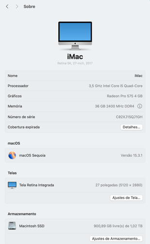 Imac Retina 27 Polegadas 5k 3.5g Mem 36g Ssd 2 Teras Gpu Amd Prateado (Usado)