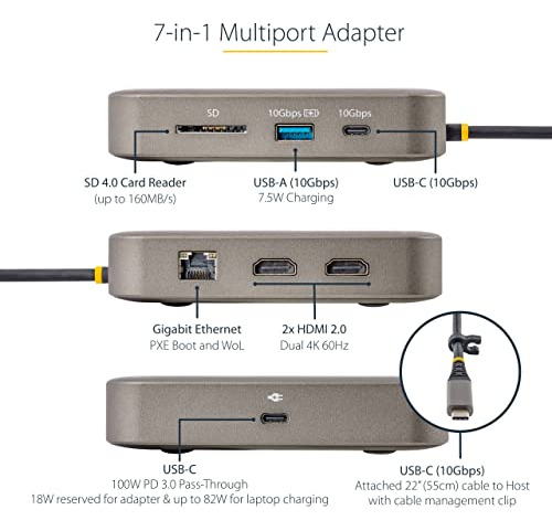 Startech.com Adaptador Multipuerto Usb C, Dual 4k 60 Hz Hdmi
