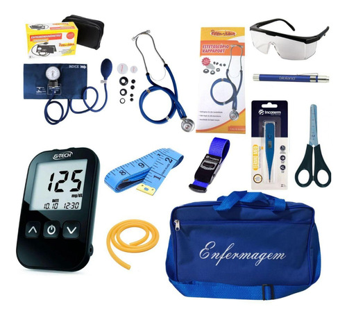 Kit Enfermagem Azul Aparelhos Pressão, Glicose E Batimentos