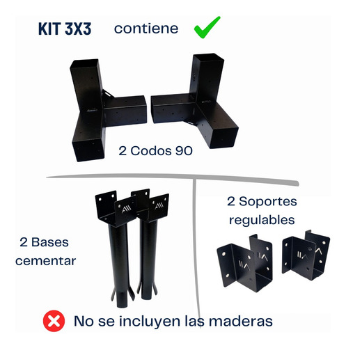 Kit Pergola 3x3 Apoyo Pared Base 4p Cementar Enterrar Alluss Negro