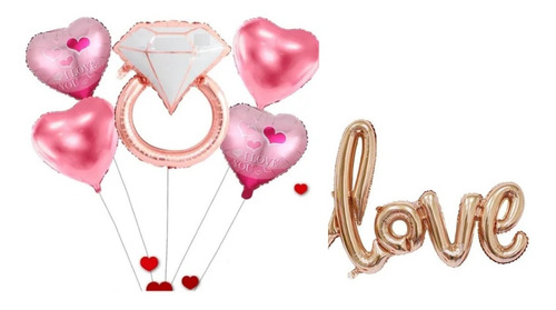 Paquete Globos Metalicos Love Amor Anillo Compromiso 6 Pzs 