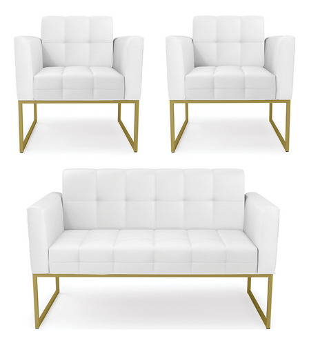 Kit Sofá E 2 Poltronas Elisa Corino Base Industrial Dourado Cor Branco