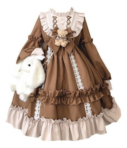 Vestido Lolita De Manga Larga Con Lazo Y Encaje Para Mujer