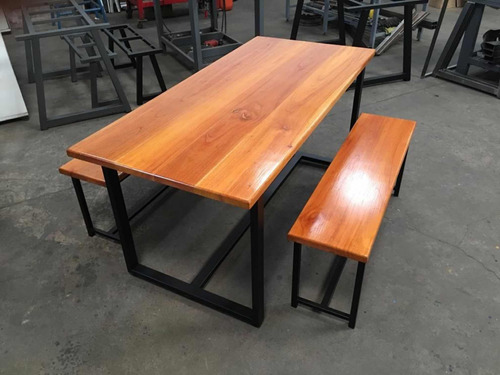 Juego Comedor Industrial Hierro Y Madera Bancos Y Mesa