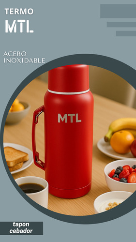 Termo Mtl 1 Litro Acero Inoxidable Color Rojo Tapa Vaso Cebador Doble Pared Ligero 24hs Frio Calor Mate Camping Oficina Compacto Manija Facil De Limpiar