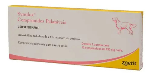 Antibiótico Synulox 250mg Zoetis para Cães Gatos 10 Comprimidos