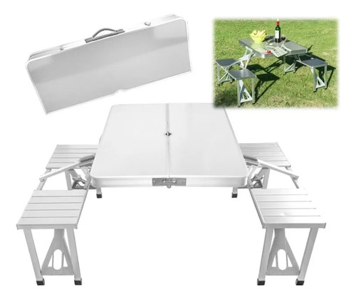 Set Camping  Mesa Aluminio Y Plástico Con 4 Bancos Plegables