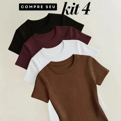 Kit 4 Blusas Feminina Ribana Canelado Estilosa Básica Casual Preto, Bordô, Branco E Marrom Liso M/g (36/42)