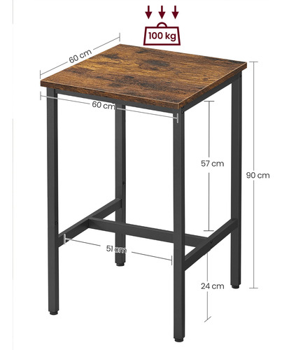 Mesa Alta Cuadrada Para Bar 60 X 60 X 92 Cm Marrón Rústico