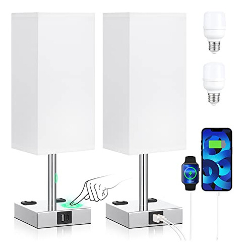 Set Lámpara Noche Táctil Usb-c+a Y Enchufes, 3 Modos, Blanco