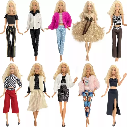 10 Conjuntos Roupas Boneca Barbie + 10 Sapatos Retos Tênis