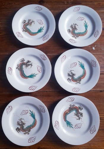 Lote 6 Plato Porcelana Decorativo Japon Japan Dragon Pintado