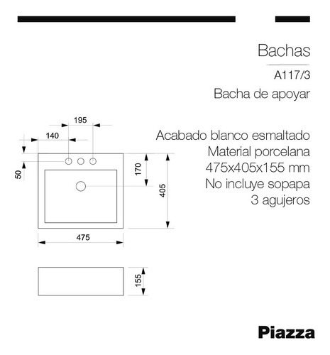 Bacha Porcelana Sanitaria Apoyar 475x405x155 A1173 Piazza Mm