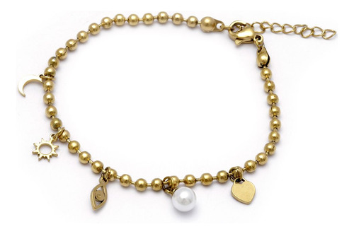 Pulsera Sol,perla, Ojo Turco Y Luna 17-21 Cm De Acero Dorado