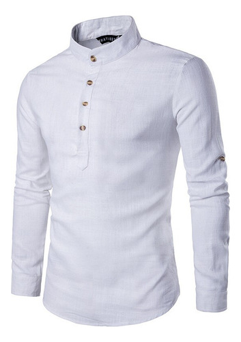 Camisa De Hombre 100% Lino Blanco Puro Cuello Mandarín Manga