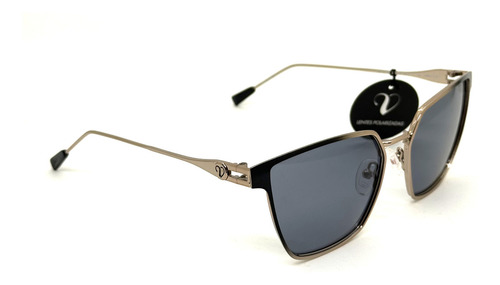 Anteojos De Sol Gafas Valeria Mazza 7372 Polarizado Lente Negro Varilla Dorado Armazón Negro Diseño 001