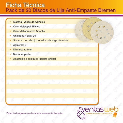 Imagen 2 de 3 de Pack 20 Lijas P Lijadora Roto Orbital 5 /125mm Anti Empaste