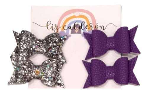 Mini Moños Para Cabello Lavanda Gris Glitter 2 Pares