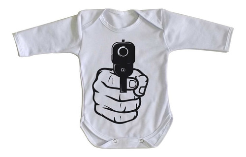 Body Bebê Luxo Arma Em Punho Pistola Revólver Medi Protetiva