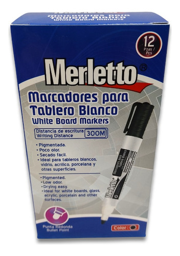 Marcador Acrílico Para Pizarra Negro Caja 12 Unds Merletto