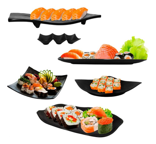 Kit Sushi 6 Peças Melamina Preto Travessas E Molheira