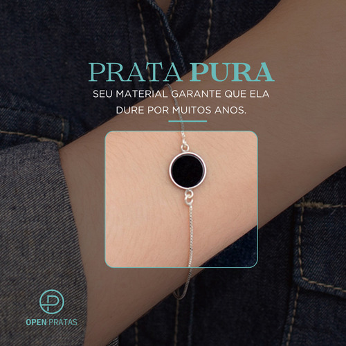 Pulseira Feminina Prata 925 Polida Medalha Atemporal Onix