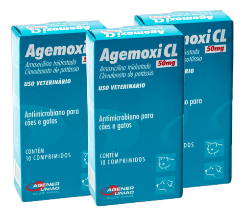 Kit 3 Agemoxi Cl 50mg 10 Compr Antibiótico Para Cães E Gatos