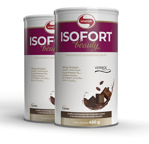 Kit 2 Isofort Beauty Whey Protein Iso Vitafor 450g Cacau