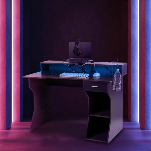 Escritorio Gamer Para Computadora Con Led Moderno Nenotech Color Marrón Oscuro