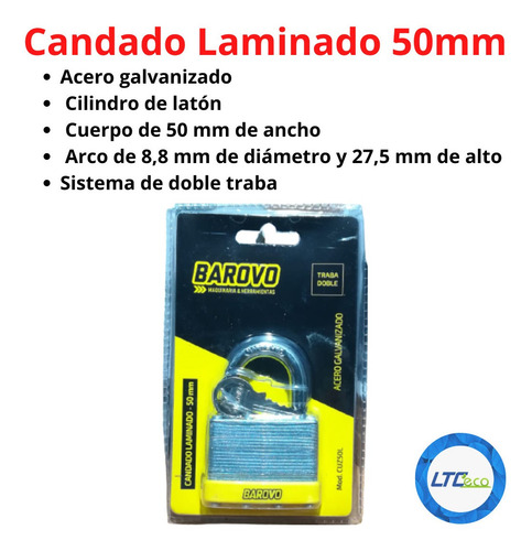 Imagen 2 de 7 de Candado Laminado 50mm Reforzado Barovo Acero Galvanizado