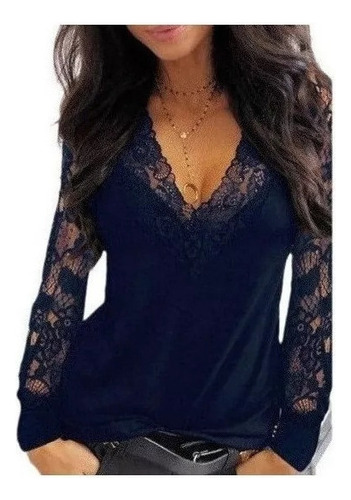 Camiseta De Encaje Con Cuello En V Profundo Para Mujer