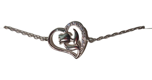 Pulsera Corazón Con Rosa  Zirconias En  Plata 925