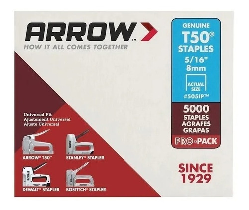 Grapas Arrow Calibre 18, 5/16 Pulg. X 3/8 Pulg. 5000 Pzs.