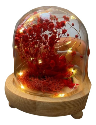 Rosa Eterna Artificial Luz Cálida Cúpula Vidrio Base Madera