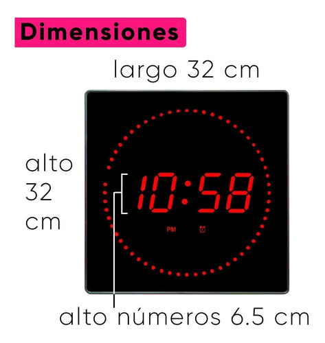 Reloj De Pared Led Termómetro Calendario 8 Alarmas 32x32cm +