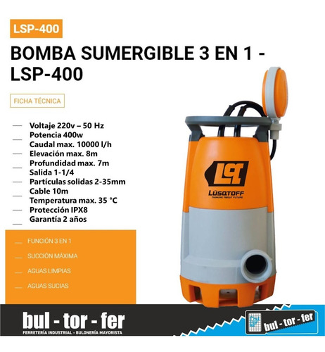 Imagen 3 de 5 de Bomba Sumergible Lusqtoff Agua Sucia Limpia 400w 3en1