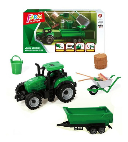 Tractor Juguete  A Friccion Con Remolque Y Accesorios St