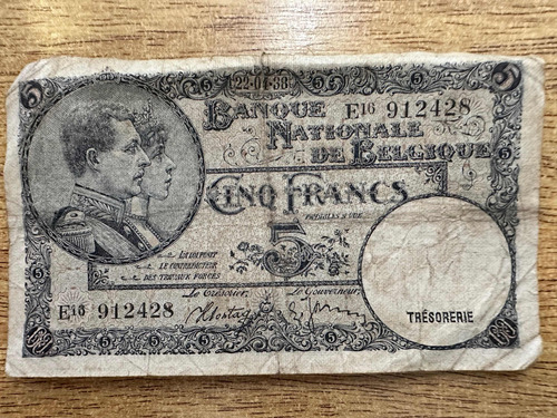 Billete 5 Francos Bélgica 1938